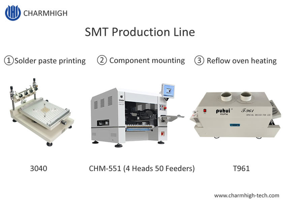 Yüksek hassasiyetli küçük SMT Üretim hattı 3040 Şablonlu yazıcı CHM-551 SMT Çip Monter Reflow Oven T961